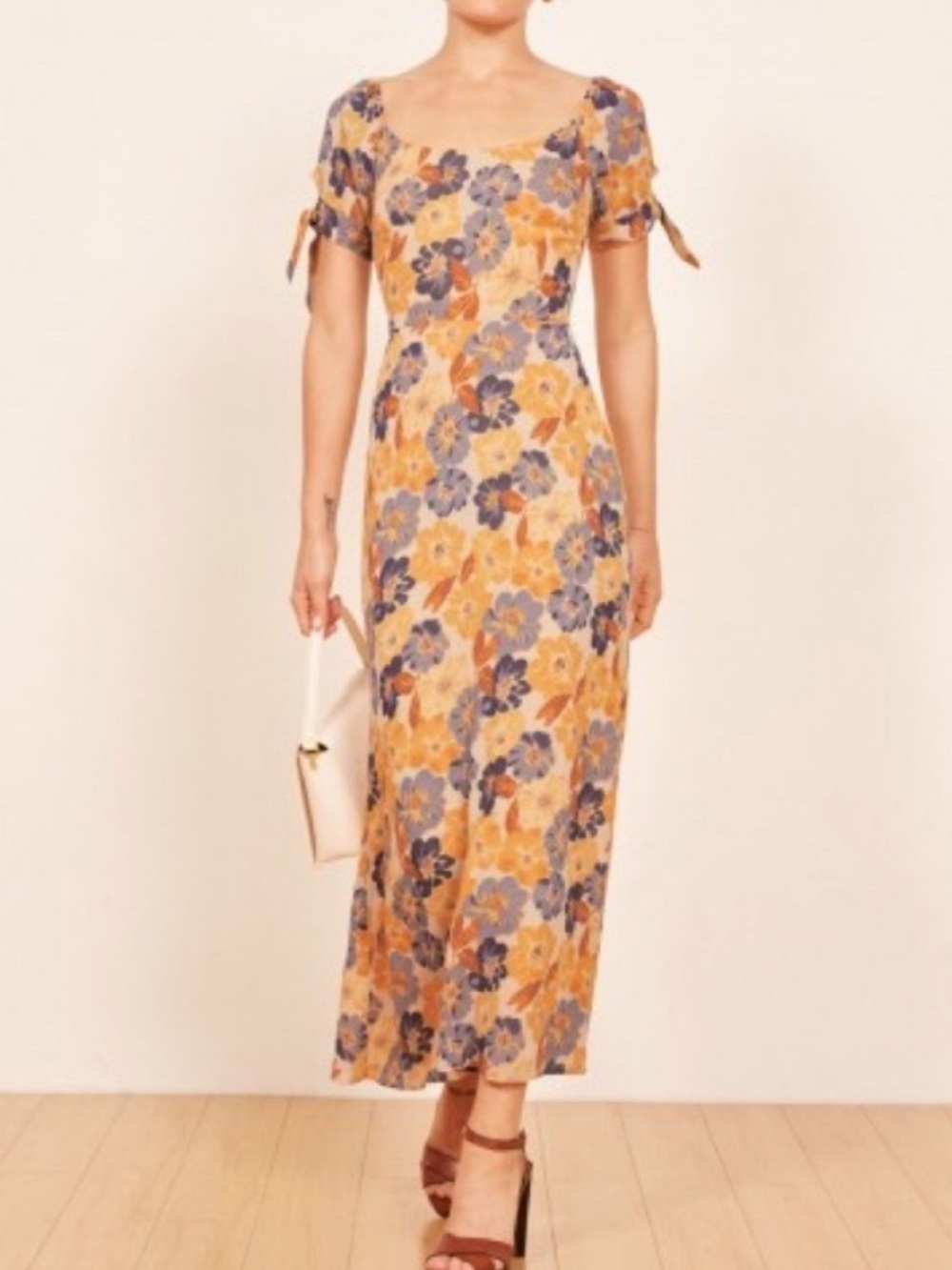 Reformation Floral Square-Neck Midi Dress in Yellow and Blue